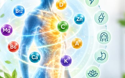 Illustration of essential vitamins and minerals around a human figure