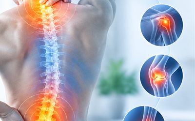 Illustration of the spine and joints, highlighting sites of musculoskeletal pain