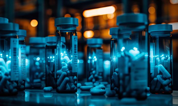 Rows of labelled medicine bottles under laboratory lighting