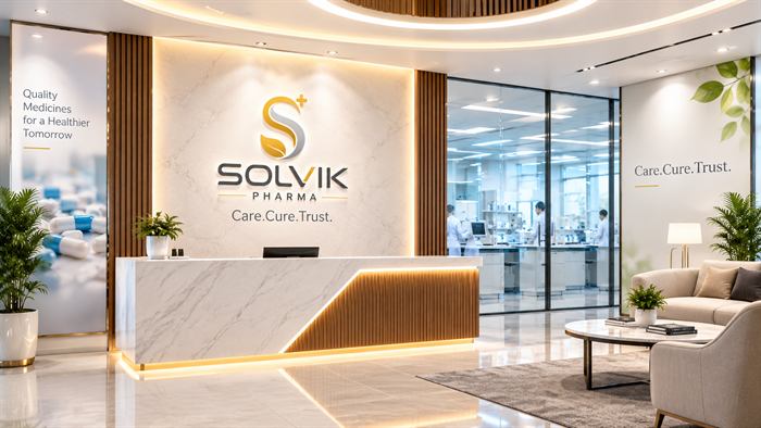 The Solvik Pharma reception, with the company logo and the Care. Cure. Trust. line
